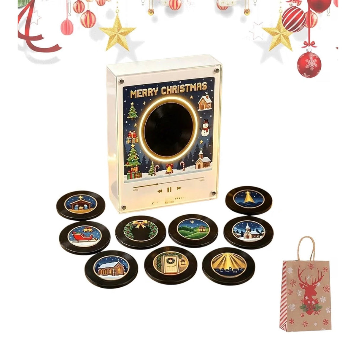 Christmas Vinyl Record Fridge Magnets Music Box Set, 9 PC NFC Programmable Mini Player, Retro Jingle Bell Desk Decor & Custom Storage Gift