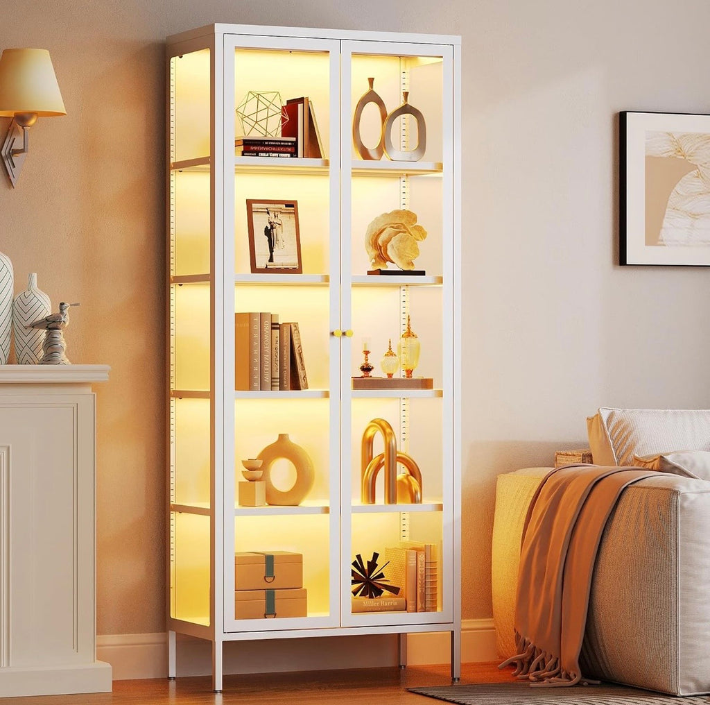 5-Tier Glass Display Cabinet with 13 Color Lights, 67" H
3-Sided Tempered Glass, 60lb/Shelf, Magnetic LED Strip, Adjustable Shelves, Metal Frame, White Curio Cabinet