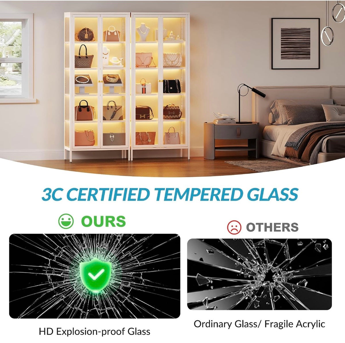 5-Tier Glass Display Cabinet with 13 Color Lights, 67" H
3-Sided Tempered Glass, 60lb/Shelf, Magnetic LED Strip, Adjustable Shelves, Metal Frame, White Curio Cabinet