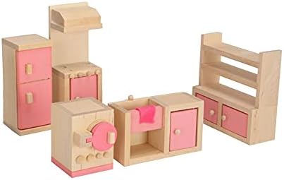 KunHe Wooden Dollhouse Furniture Set Including Kitchen Bathroom Bedroom Kid Room for Dollhouse Pink Color