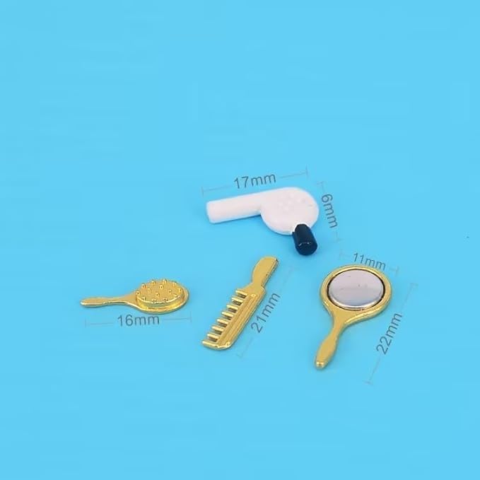 4Pcs Miniature Comb Hair Dryer Mirror Makeup Set, 1:12 Scale Dollhouse Decorations, Hair Dryer Dollhouse Miniature Bathroom Accessory