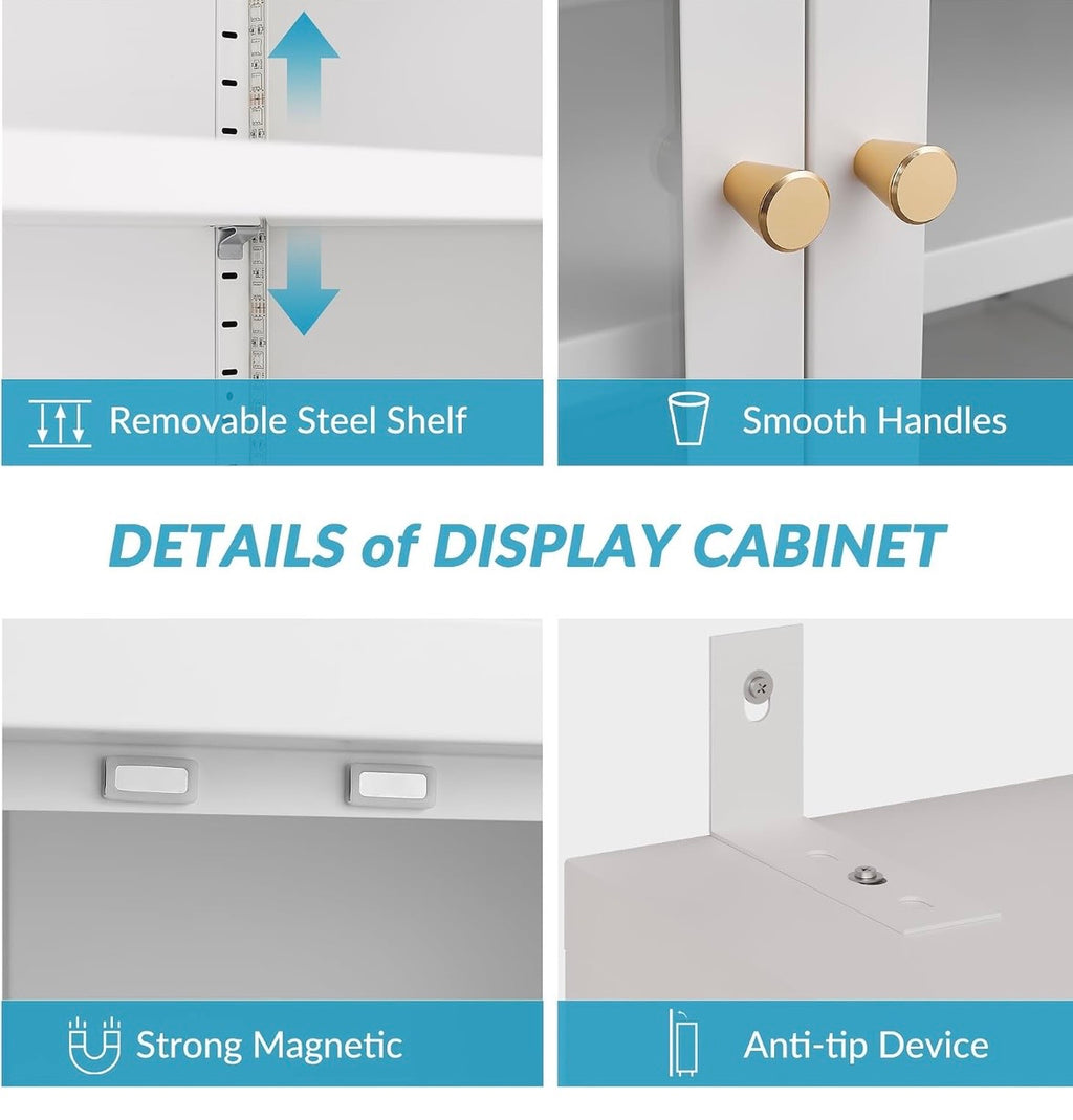 5-Tier Glass Display Cabinet with 13 Color Lights, 67" H
3-Sided Tempered Glass, 60lb/Shelf, Magnetic LED Strip, Adjustable Shelves, Metal Frame, White Curio Cabinet