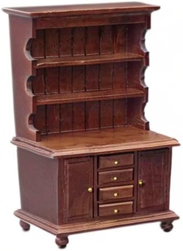1:12 Scale Miniature Cupboard Bookshelf Classic Wooden Mini Storage Hutch Kitchen Dollhouse Bookshelf Wood Cabinet 1:12 Furniture Display Showcase Decoration Sideboard Accessories (Walnut Color)