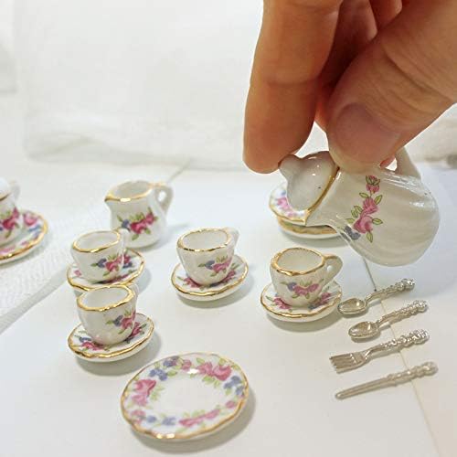 Dollhouse Decoration Accessories, 1:12 Dollhouse Miniature Scene Model 15 PCS Porcelain Teacup and Saucer Set (A, 15 Pcs)