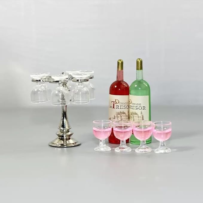 Dollhouse Accessories Mini Wine Bottles Sets with Rack - 1/12 Scale Accessories for Beer Mini Champagne Bottles, Including 1/6 Scale Display Stand(Pink Color)