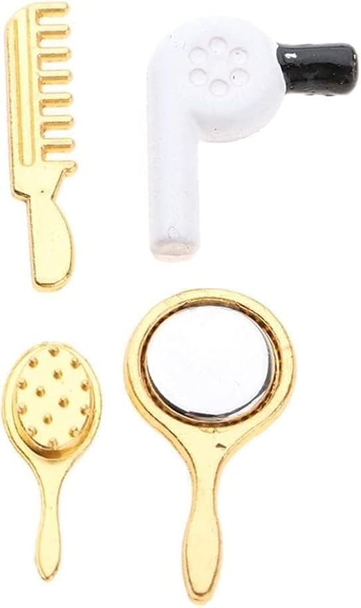 Miniature Comb and Hair Dryer Set for Dollhouses, 4Pcs Mini Bathroom Accessories, Mirror and Makeup Decor for Dollhouse Displays