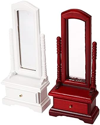 Miniature Furniture Fitting Mirror 1:12 Scale Dollhouse Bedroom Dressing Mirror with Drawer Model Accessory Mini Scene Ornament Desktop Decoration (White)