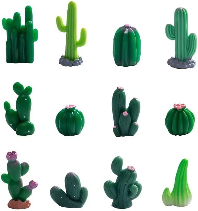 12 Pcs Realistic Mini Cactus Figurines – Resin Cactus Models in Various Shapes, Miniature Green Cacti Ornaments for DIY Dollhouse, Fairy Garden, Bonsai, Micro Landscape, Car & Cake Toppers
