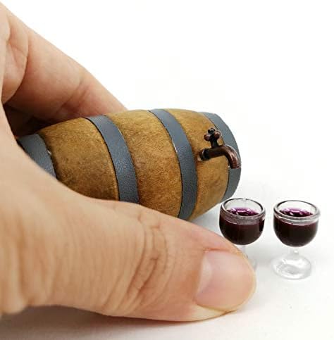 Mini House Drink Accessories Miniature Wooden Beer Barrel Figurine Wine Barrel Model with Faucet and Wine Glass for Fairy Garden Pub Bar Decoration