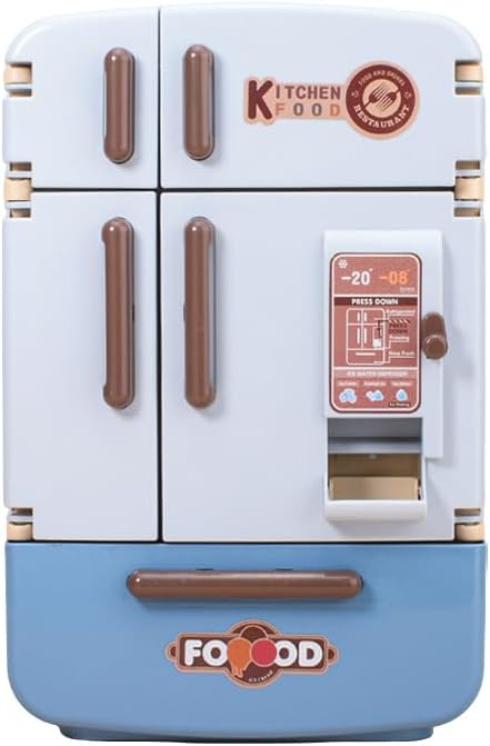 1/7 Scale Large-Size Realistic Double-Door Fridge Model, Miniature Kitchen Props, Pretend-Play Fridge Set (Sky Blue Refrigerator + 30 Food Items + 30 Drinks + Shopping Cart + 8 Ice Cubes/Light-Up)