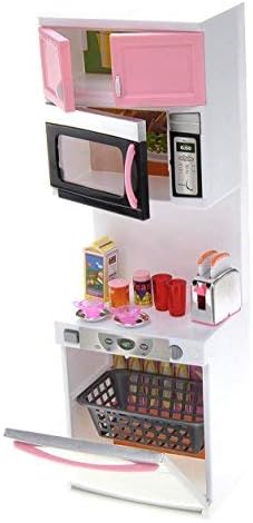 PowerTRC Doll Kitchen Play Set, Mini Modern Toy Pink Kitchen Pretend Play Furnitures Toy Set Accessories Set with Realistic Light & Sound for Kids Toddlers Girls (4-in-1)