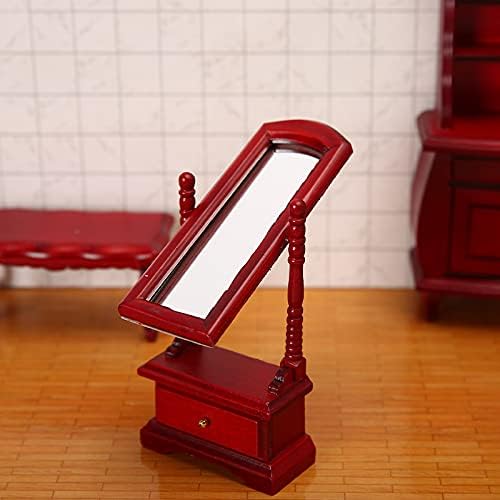 Miniature Furniture Fitting Mirror 1:12 Scale Dollhouse Bedroom Dressing Mirror with Drawer Model Accessory Mini Scene Ornament Desktop Decoration（Red