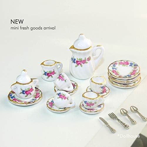 Dollhouse Decoration Accessories, 1:12 Dollhouse Miniature Scene Model 15 PCS Porcelain Teacup and Saucer Set (A, 15 Pcs)