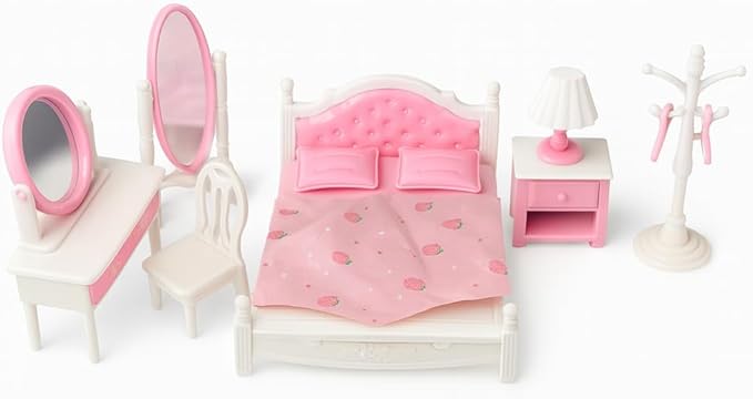 Family Dollhouse Bedroom Set — Bed, Pillows & Bedspread, Vanity with Mirror, Nightstand, Floor Mirror, Chair, Lamp, Coat Rack & Hangers — Dollhouse Furniture & Accessories for Ages 3+
