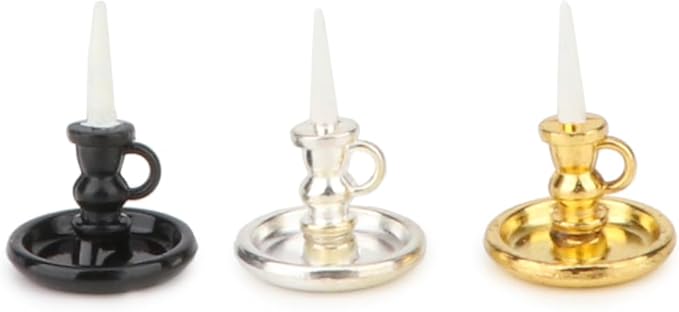 Dollhouse Miniature Candlesticks 2 PCS Candle Holder Set 1/12 Scale Vintage Candles Doll House Desk Ornament Accessories with Metal Round Base for for Fairy Garden (Black)