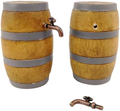 Mini House Drink Accessories Miniature Wooden Beer Barrel Figurine Wine Barrel Model with Faucet and Wine Glass for Fairy Garden Pub Bar Decoration