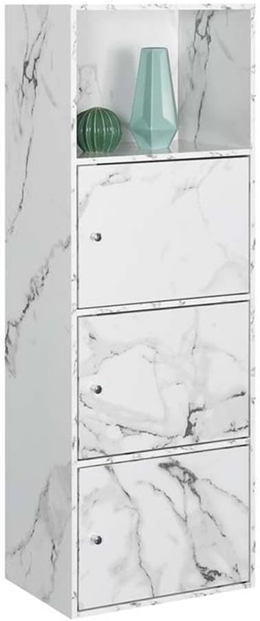 Convenience Concepts Xtra Storage 3 Door Cabinet in White Faux Marble Wood Finish