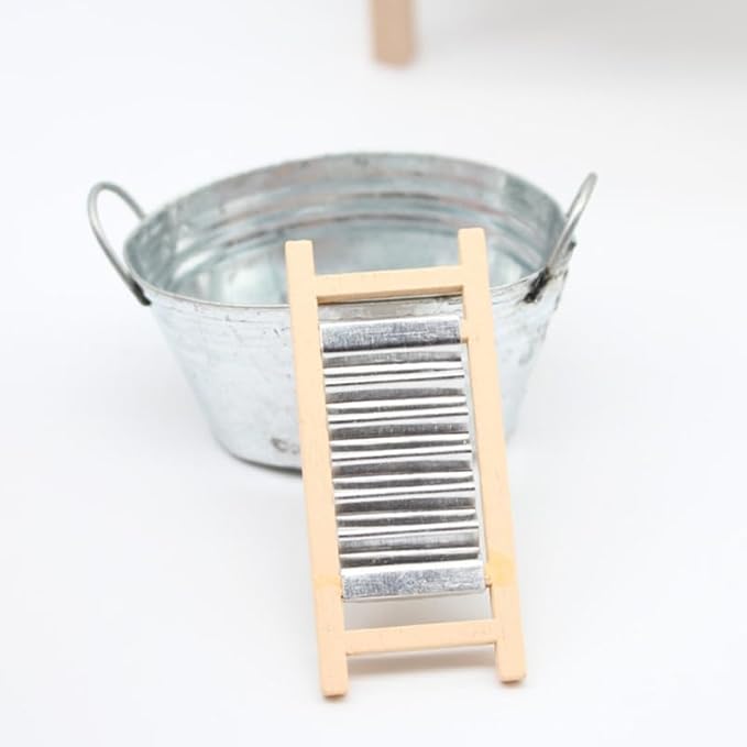 BESPORTBLE Mini Tinplate Basin Set of 2 Dollhouse Accessories Silver Iron Miniature Washboard for 1 12 Scale Doll House Bathroom Decor