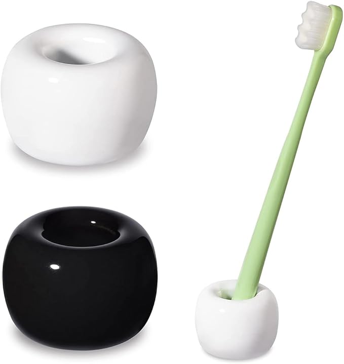 HalfofLife Mini Ceramics Toothbrush Holder Stand for Bathroom Vanity Countertop, Handmade Couple Toothbrush Head Holder, Shaver Holder and Office Pen Holder, Black&White, Pack of 2