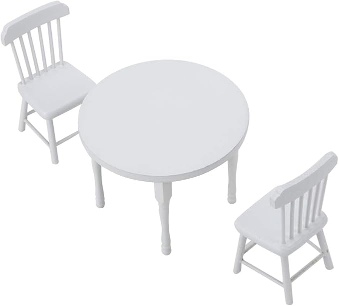 1/12 Scale Dollhouse Furniture Set, Wooden Table and 2 Chairs Miniature White Living Room Decor for Doll House Accessories (Three-Piece Table and Chair Set)