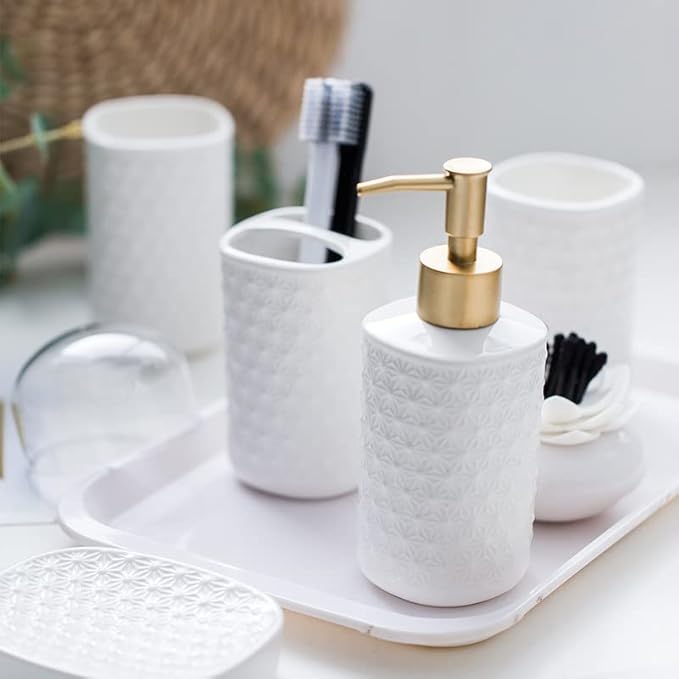 SHIIANN Ceramic Bathroom Accessories Set, 4 Pack Bathroom Ensemble for Bathroom Includes 1 Lotion Dispenser 1 Toothbrush Holder 1 Tumbler 1 Soap Dish (White)