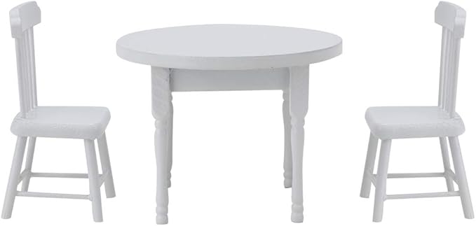1/12 Scale Dollhouse Furniture Set, Wooden Table and 2 Chairs Miniature White Living Room Decor for Doll House Accessories (Three-Piece Table and Chair Set)