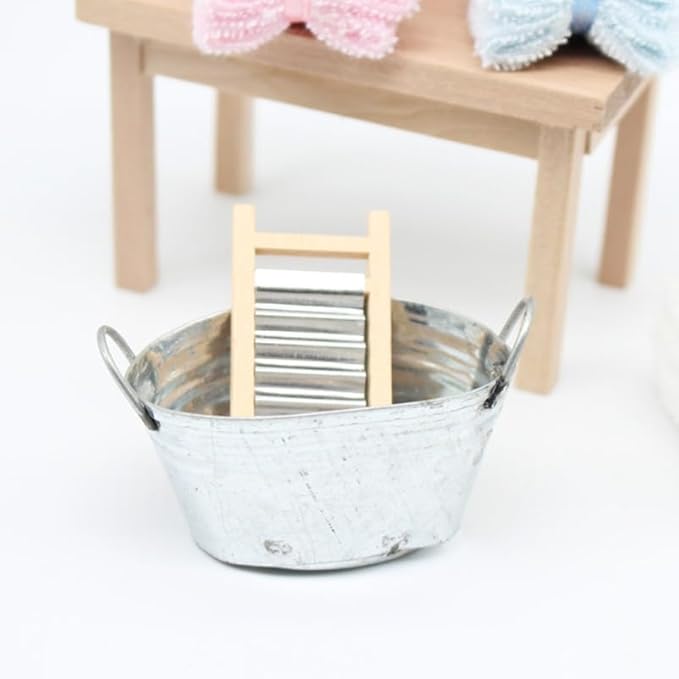 BESPORTBLE Mini Tinplate Basin Set of 2 Dollhouse Accessories Silver Iron Miniature Washboard for 1 12 Scale Doll House Bathroom Decor