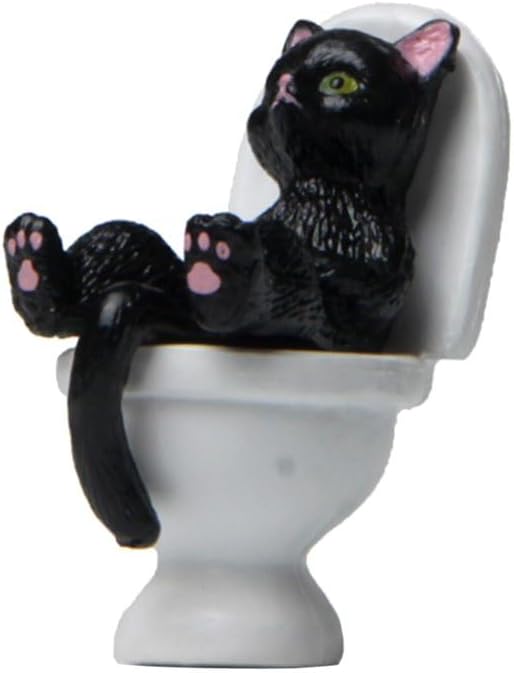 Black Cat On Toilet Ornaments Landscaping Garden Decoration Mini Cat Statue Dollhouse Accessories Household Desktop Model Home Decorations Cat Figurine Garden Miniatures