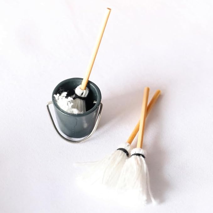 Kisangel 16sets Miniature Mop with Bucket, 1:12 Scale Mini Cleaning Tools for Dollhouses Furniture Landscapes Decoration
