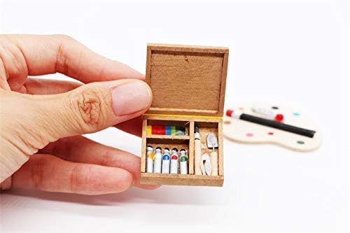 Dollhouse Decoration Accessories, 1/12 Dollhouse Miniature Wooden Easel Oil Painting Set Palette Watercolor Box Simulation Toys for Doll