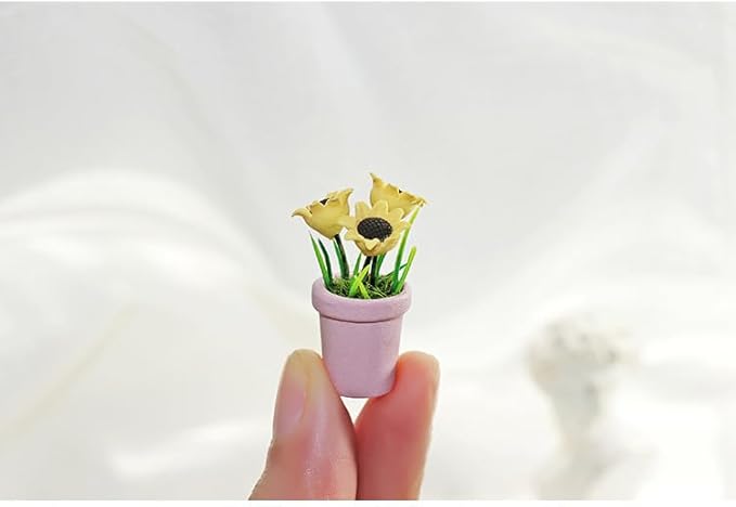 Miniature Sunflower Pots, 1/12 Scale, Dollhouse Accessories Resin Home Decor, Realistic Clay Flower Plants in Pots Blooming House Plant Home Indoor Decoration