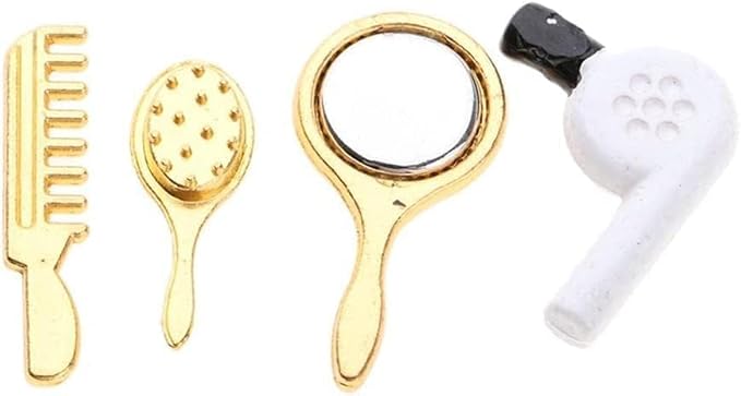 Miniature Comb and Hair Dryer Set for Dollhouses, 4Pcs Mini Bathroom Accessories, Mirror and Makeup Decor for Dollhouse Displays