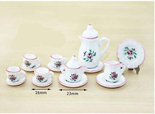 Dollhouse Decoration Accessories, 1:12 Dollhouse Miniature Scene Model 15 PCS Porcelain Teacup and Saucer Set(C, 15 Pcs)