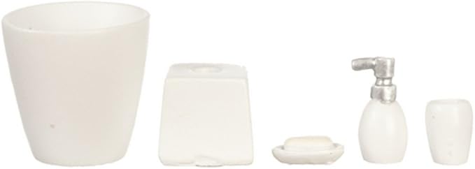 Houseworks, Ltd. Dolls House Miniature Modern White Bathroom Accessory Set Bin Soap Tumbler 5 Pc
