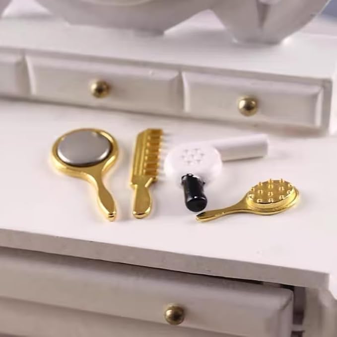 4Pcs Miniature Comb Hair Dryer Mirror Makeup Set, 1:12 Scale Dollhouse Decorations, Hair Dryer Dollhouse Miniature Bathroom Accessory