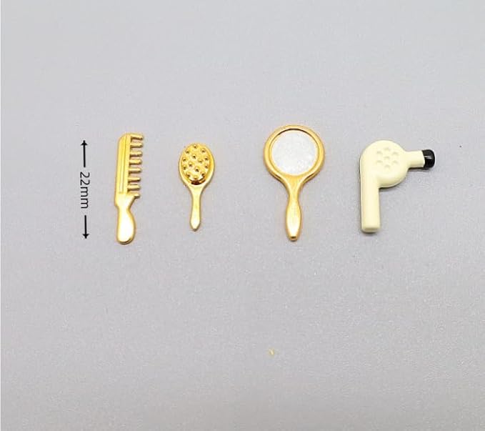 4Pcs Miniature Comb Hair Dryer Mirror Makeup Set, 1:12 Scale Dollhouse Decorations, Hair Dryer Dollhouse Miniature Bathroom Accessory