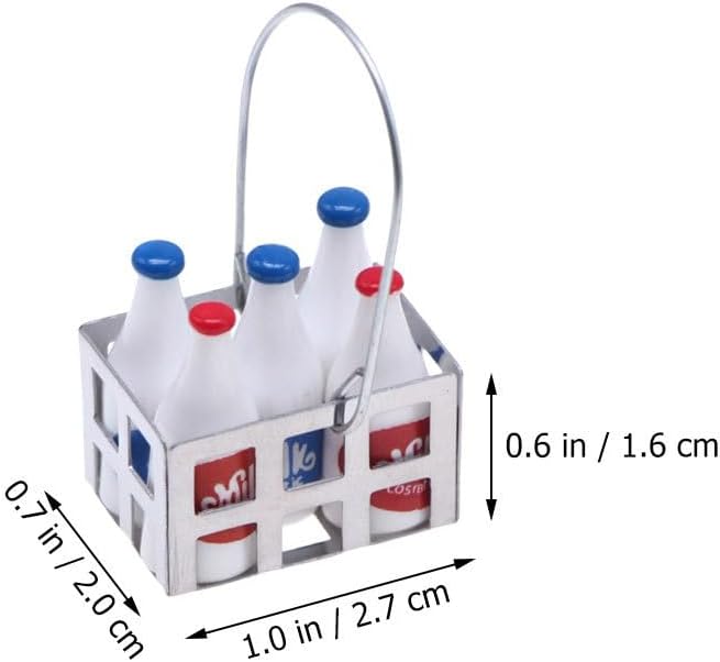 Amosfun Mini Milk Bottles Dollhouse Decoration Set 1:12 Scale Miniature Food Play Scene Layout Decoration - 5pcs Bottles and 1pcs Basket