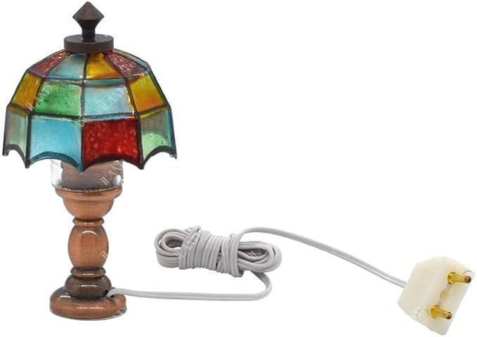iLAND 1/12 Scale Accessories of Dollhouse Lights, Classic Miniature Lamp for Dollhouse Decoration, Beautiful Mosaic Lattice Table Lamp w/Plug