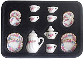 Dollhouse Decoration Accessories, 1:12 Dollhouse Miniature Scene Model 15 PCS Porcelain Teacup and Saucer Set (A, 15 Pcs)