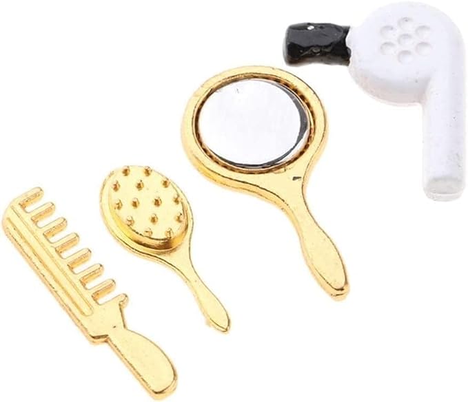 Miniature Comb and Hair Dryer Set for Dollhouses, 4Pcs Mini Bathroom Accessories, Mirror and Makeup Decor for Dollhouse Displays