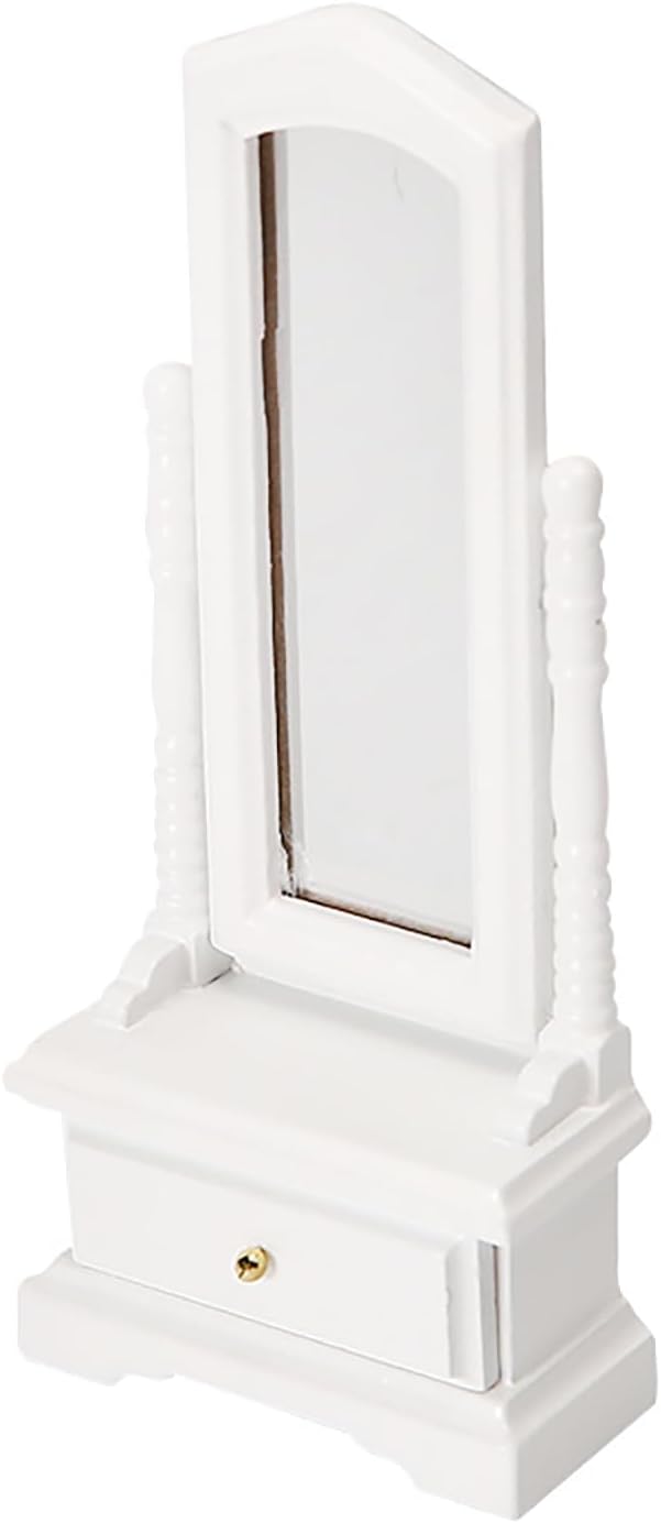 Dollhouse Dressing Mirror 1/12 Miniature Standing Floor Mirror Dollhouse Bedroom Furniture (White)