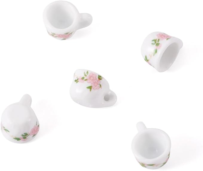 5Pcs Porcelain Mini Tea Cup Decorations 3D Ceramic Tea Set Miniature Model Ornaments Dollhouse Micro Landscape Decoration White with Pink Flower Garden Home Decor Accessories 16.5x12.5x9.5mm