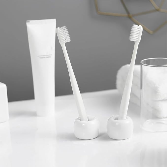 HalfofLife Mini Ceramics Toothbrush Holder Stand for Bathroom Vanity Countertop, Handmade Couple Toothbrush Head Holder, Shaver Holder and Office Pen Holder, 2-Piece Set White