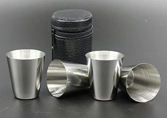 Billion Deals Shot Glasses Stainless Steel 4 Piece 1 Ounce Vessel Mini Portable Wine Travel Camping Drinking Mug Coffee Beer Cup with 1 Black Leather Case
