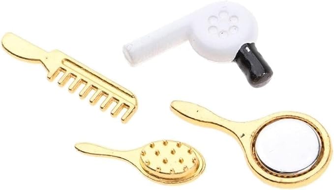 4 Pcs Dollhouse Miniature Bathroom Set with Hair Dryer, Dollhouse Accessories 1:12 Scale Dollhouse Bathroom Comb Mirror Hair Dryer Brush,Dollhouse Furniture Accessories