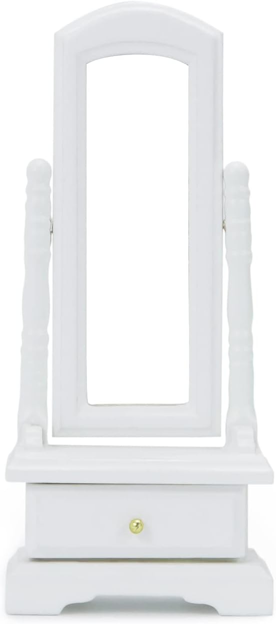 Miniature Furniture Fitting Mirror 1:12 Scale Dollhouse Bedroom Dressing Mirror with Drawer Model Accessory Mini Scene Ornament Desktop Decoration (White)