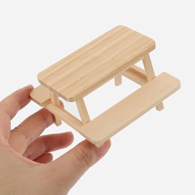 Besportble Mini Wooden Picnic Table and Chair Set 3.23In Dollhouse Furniture Miniature Table and Tiny Chairs Decorative Model for Dollhouse Accessories and Scene Layout