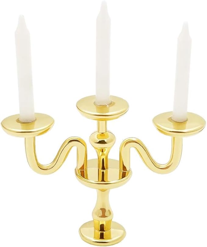 Gold 1/12 Miniature Candlestick Candelabra with Candles Dollhouse Accessories, 3-arms