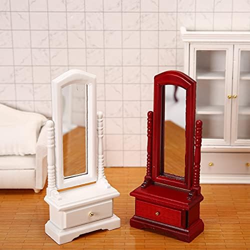 Miniature Furniture Fitting Mirror 1:12 Scale Dollhouse Bedroom Dressing Mirror with Drawer Model Accessory Mini Scene Ornament Desktop Decoration（Red