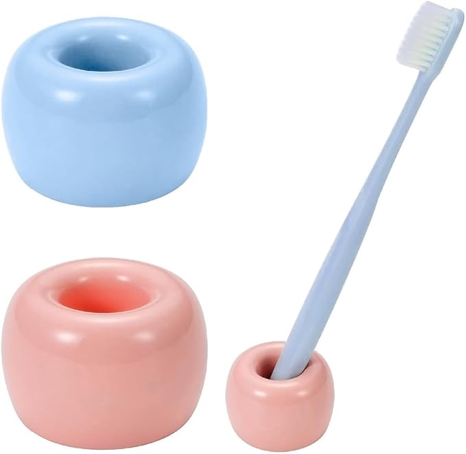 HalfofLife Mini Ceramics Toothbrush Holder Stand for Bathroom Vanity Countertop, Handmade Couple Toothbrush Head Holder, Shaver Holder and Office Pen Holder, Pink&Blue, Pack of 2